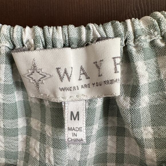 WAYF | Green Gingham Off Shoulder Peasant Shirt - Light Sage | Size Medium - Picture 3 of 4
